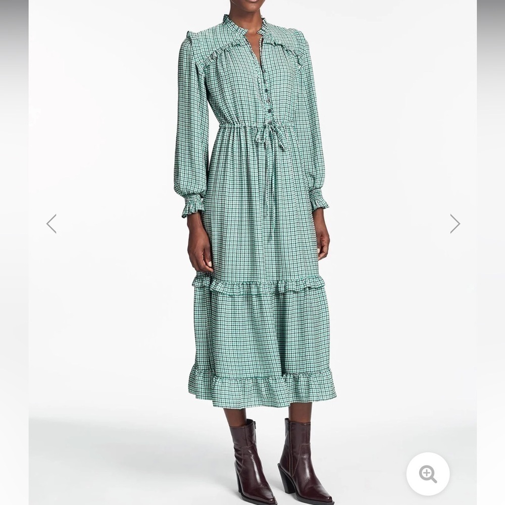 CEFINN Loretta Maxi Dress - Ecru Green Houndstooth Print